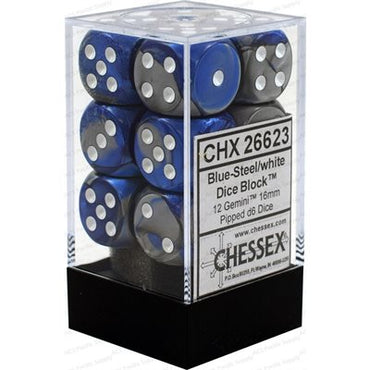 Dice: 12x D6: 16 mm: Gemini: Blue-Steel / White