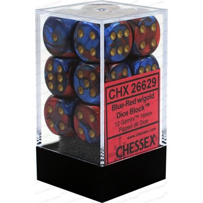 Dice: 12x D6: 16 mm: Gemini: Blue-Red / Gold
