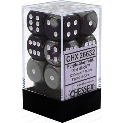 Dice: 12x D6: 16 mm: Gemini: Purple-Steel / White